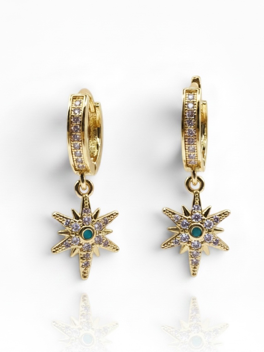 Gold Starburst Huggie Earrings with Turquoise Accent
